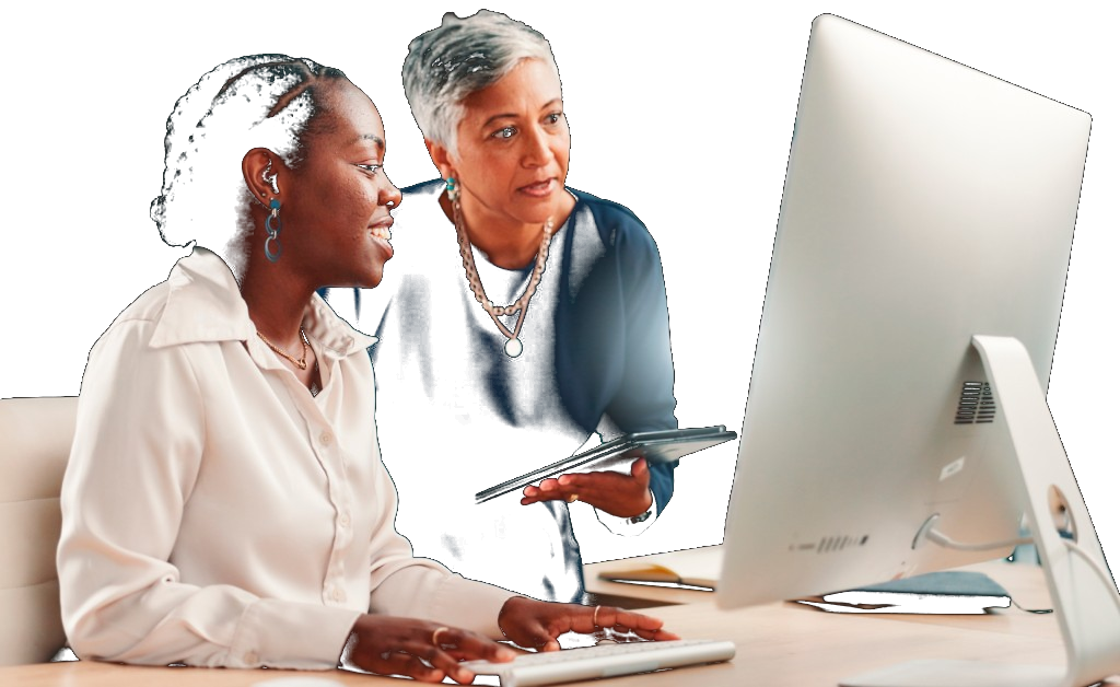 Two leaders collaborating at a computer