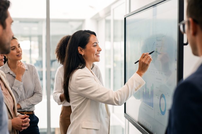 Team reviewing audience intelligence on a display
